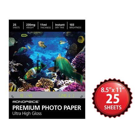 Monoprice 8.5x11 Premium Photo Paper- Ultra High Gloss (25 sheets) 10380